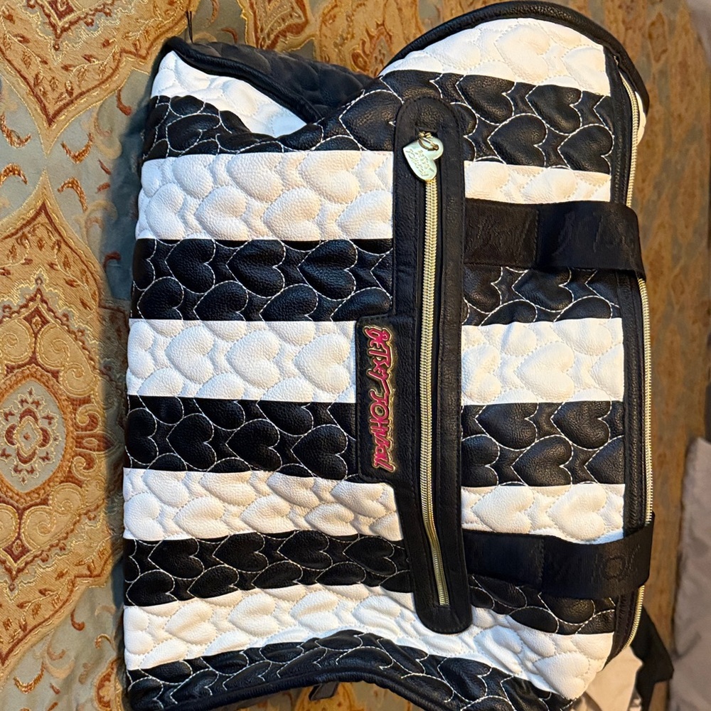 Betsey Johnson Black and White Heart Stripe Tote